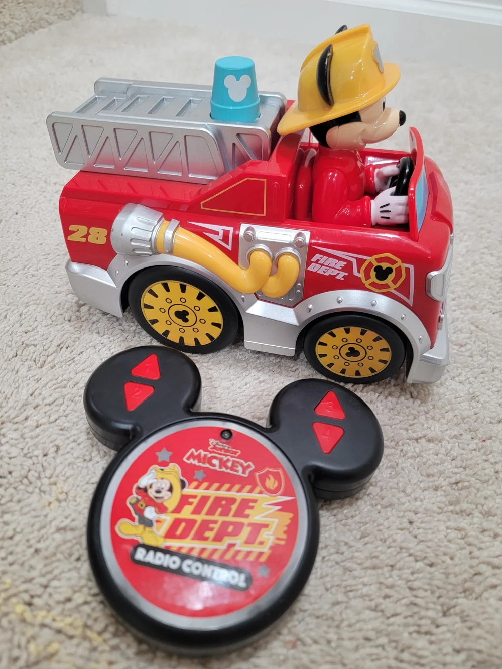 Disney Red and Blue Mickey Mouse Fire Truck with Yellow Helmet Figure